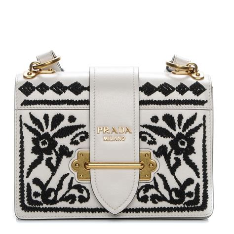 prada embroidered calfskin cahier bag bianco nero